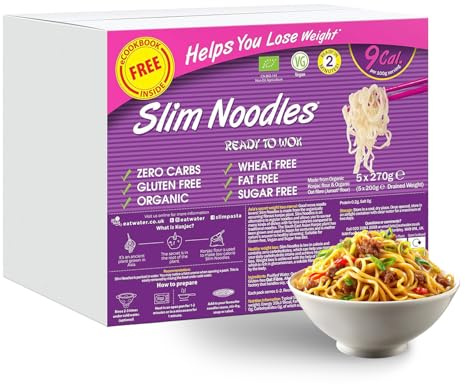 Eat Water Slim Noodles 270g (Pack of 5) – Organic Konjac Noodles, Low Calorie Food, Zero Sugar, Gluten-Free, Low Carb, Wheat-Free, Vegan, Ready to Cook Instant Meal, Plant-Based Noodle Alternative