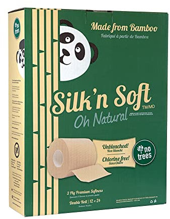 Silk'n Soft Carta igienica in bambù non sbiancata, senza alberi, biodegradabile, sicuro per settici, resistente, affidabile, assorbente, senza cloro a 3 strati (12 rotoli)