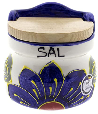 CERÁMICA RAMBLEÑA | Salero cocina | Salero con tapa de madera | Cerámica original | Decoración blanco-flor azul | 100% Decorado a Mano
