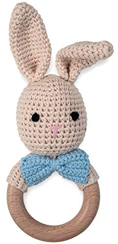OLGS Beißring gehäkelte Tiere Löwe mit intigrierter Babyrassel, Greifling Spielzeug Beißring | Geschenk zur Geburt für Baby & Kinder Junge/Mädchen (Hase mit Fliege)