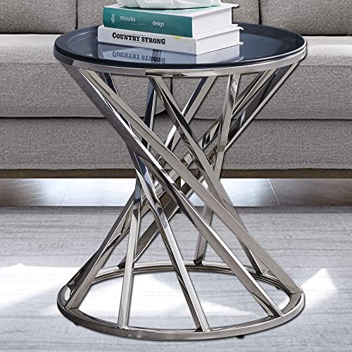 AINPECCA Round Sofa Side Table End Table Small Coffee Table Stainless Steel with Light Grey Tempered Glass Design Living Room (Silver)