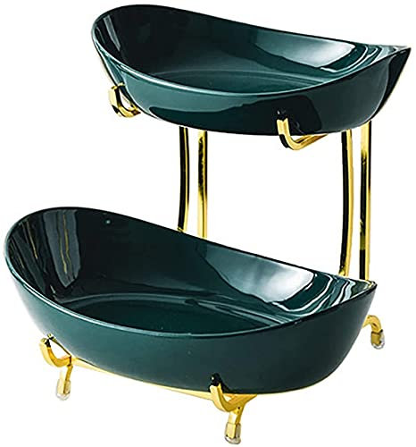 ZJYWMM Ceramic Fruit Etagere, 2 Story Worktop Fruit Shell with Golden Metal Stand, Nordic Creativity Fruit Basket Fruit Basket Storage for Kitchen Decoration, Vegetables, Fruit, Snacks,Gr