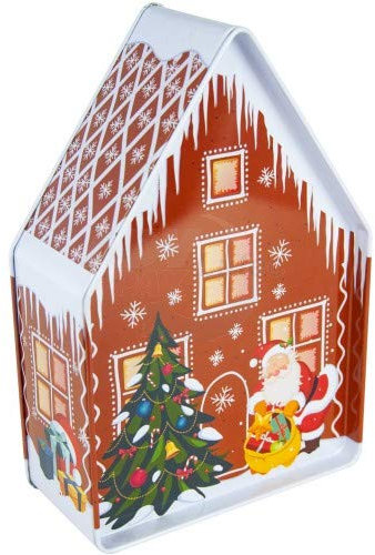 MediMuc Casa de jengibre Santa Claus – Caja de Navidad impresa con techo puntiagudo y árbol de Navidad – Apto para alimentos – Caja de almacenamiento, lata para galletas, lata – Dimensiones: 18,0 x