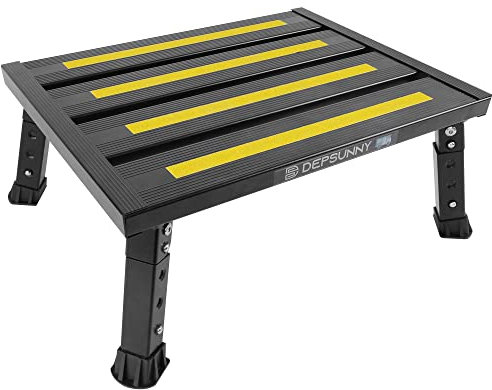 DEPSUNNY Adjustable Height Aluminum RV Step, Stable Foldable Platform Step Stool, Supports Up to 1,000 lb, Non-Slip Rubber Feet and Platform Mat, Easy to Carry (Black)