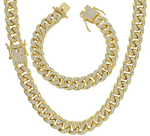YADOCA Iced Out Kette Herren Cuban Link Chain Miami Kubanische Kette Halskette Armband Gold Silber Kette Bling Diamant Kette Armband Hip Hop Schmuck für Männer Frauen