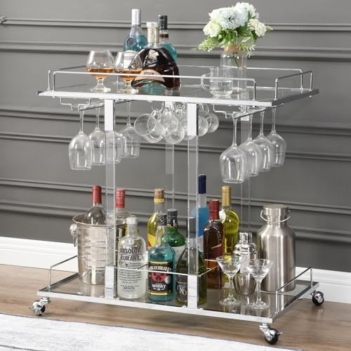 Carrello da bar in acrilico con barra per bar con portabottiglie da cucina a 2 livelli su ruote, supporto per barra per soggiorno, cucina, club