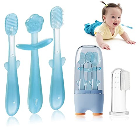 FOKiiBO Baby silikon tandborste set, tandborste + tungborste + baby bitleksak + fingertandborste med kopp för träning tandsprickning, 0-18 m spädbarn småbarn nyfödd baby tänder borstar (blå)