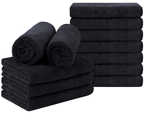Orighty Toalla de salón negra, paquete de 12 (no a prueba de blanqueador, 16 x 27 pulgadas), toallas de microfibra súper suaves y absorbentes para salón, manos, gimnasio, baño, spa y cuidado del