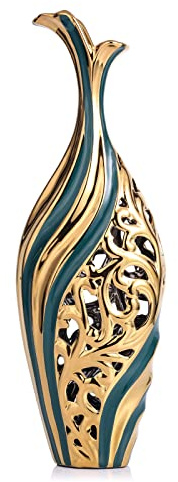 Grün Gold Bodenvase 50cm Hoch, Keramik Große Deko Vasen Durchbrochen Kreative Vase Für Pampasgras & Trockenblumen, 50cm Hohe Standvase für Home Office Hochzeit Weihnachten Einweihungsparty Dekor