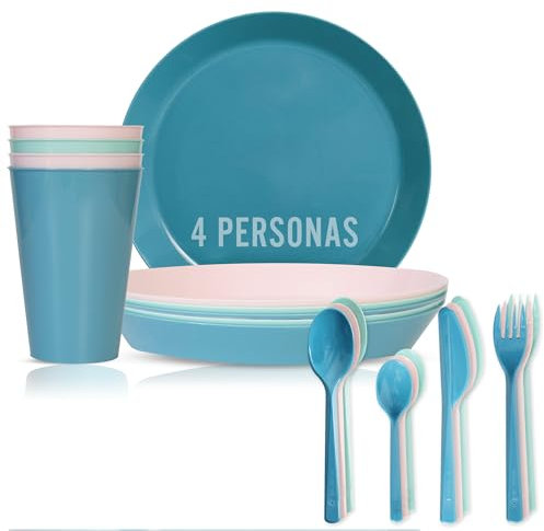 Mypicompany. 24 pezzi Stoviglie Da Campeggio. 4 Piatti Plastica Rigida lavabili+4 Bicchieri Plastica Rigida lavabili+ Set Posate Plastica per 4 Persone Adatte Al Microonde E Alla Lavastoviglie