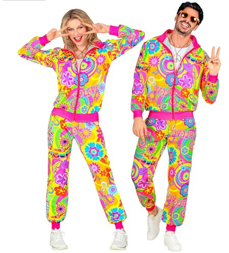 Kostüm Trainingsanzug, Hippie Groovy Love Party, Neon, Flower Power, 80er Jahre Outfit, Jogginganzug, Bad Taste Outfit, Faschingskostüme | Zweiteiliger Trainingsanzug, Jacke und Hose, auffälliges Retro-Design, Hippie Kostüm für Karneval, Festival