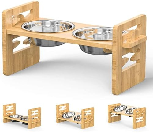 MAYMA Bol de Nourriture pour Chat et Chien, Gamelles en Acier Inoxydable, Porte-Gamelle Surélevée en Bambou, Hauteur Réglable, Intérieur, Alimentation Sèche et Humide