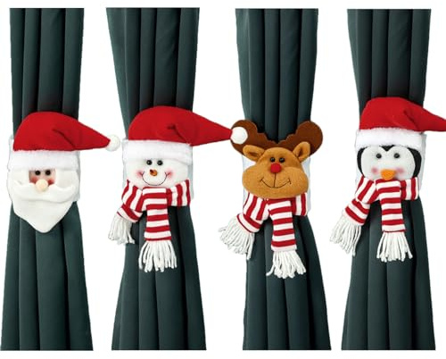 Raffhalter für Vorhänge 4 Stück Weihnachten Gardinen Raffhalter Cartoon Vorhangschnalle Weihnachtsmann Schneemann Elch Pinguin Puppen Vorhang Binder für Weihnachten Home Window Deko (Kombination 1)