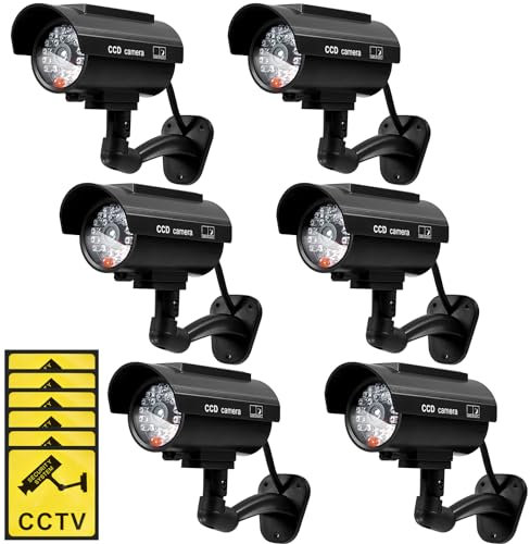 Kanayu 6 Stück solarbetriebene gefälschte Sicherheitskamera, Attrappe, Sicherheitskamera, simulierte Überwachungskamera mit realistischen roten blinkenden Lichtern für drinnen und draußen, Home Store