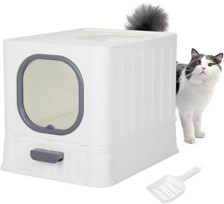 Fellie Large Foldable Cat Litter Box with Lid, Kitten Litter Tray with Scoop and Drawer Pan, Odor Control Easy Clean Grey