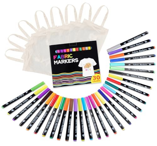 ABSOFINE 30 Textilstifte Waschmaschinenfest, Textilmalstifte Stoffmalfarben Waschfest Mit 8 Stofftaschen,Stoffmalstifte Textilfarbe Textilmarker für T shirt Stoffbeutel zum Bemalen Hüte Stoff Basteln