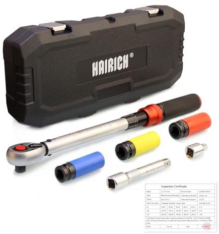 Hairich Llave dinamométrica de 1/2 pulgadas, 40-210 Nm, para bicicleta y moto, juego de 6 piezas, incluye barra de extensión de 125 mm, adaptador de 1/2-3/8, 3 llaves para cambio de