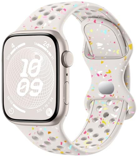 CeMiKa Sport Straps Compatible with Apple Watch Strap 38mm 40mm 41mm 42mm for Women Men, Eco-friendly Recyclable Silicone Breathable Wristband for iWatch Series 10 9 8 7 6 5 4 3 2 1 SE, Starlight