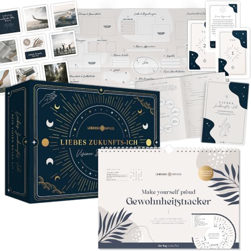 Lebenskompass Habit Tracker + Vision Board Set - 12 Monate Gewohnheitstracker - visualisiere das Leben Deiner Träume mit dem Visionboard Liebes Zukunfts-Ich - Geschenke für Frauen & Männer, FreundIn