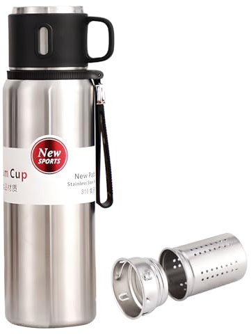 Borraccia termica da 600 ml, in acciaio inox, con tazza, per bevande calde/bevande fredde, isolamento 24 ore, per viaggi (argento)