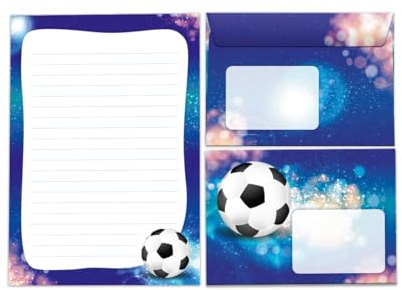 JuNa-Experten Briefpapier-Set Briefblock mit Umschlag für Jungen Jungs Kinder Fußball blau Kindermotiv Briefbögenblock liniert (Block A5 mit 25 Blätter + 15 Umschläge)