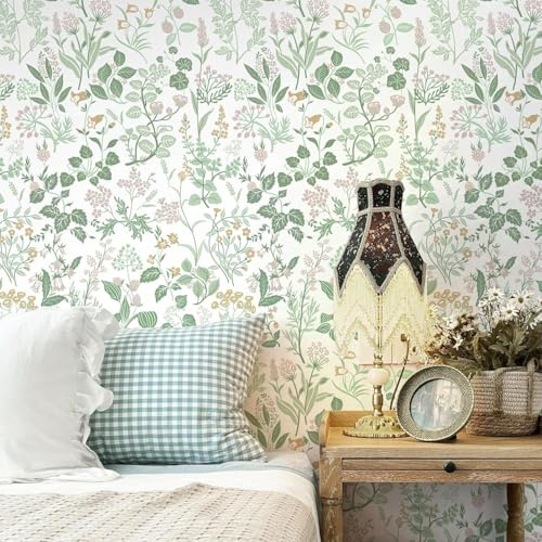 Yomshi Selbstklebende Tapete 44×300cm Blumen Pflanzen Design, Grün Möbelfolie Selbstklebend Klebefolie Wasserdicht Dekorfolie für Wohnzimmer, Möbel, Wände, Schlafzimmer