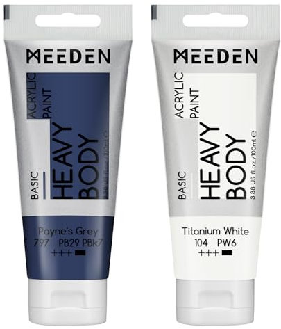 MEEDEN Payne's Grau Acrylfarbe: Heavy Body Acrylic Paint zusammen mit zusätzliche Titan Weiß - 2 x 100ml Einzel Acryl Farben Tube Set