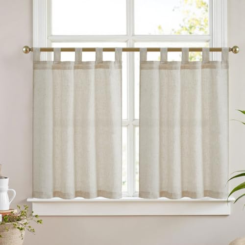Vangao Scheibengardinen Modern Küche Beige Leinenoptik Bistrogardine 2er Set 65Bx60Hcm mit Schlaufen Küchengardinen für Balkontür Wohnwagen Lichtdurchlässig Landhausstil Gardinen Kurz Natur