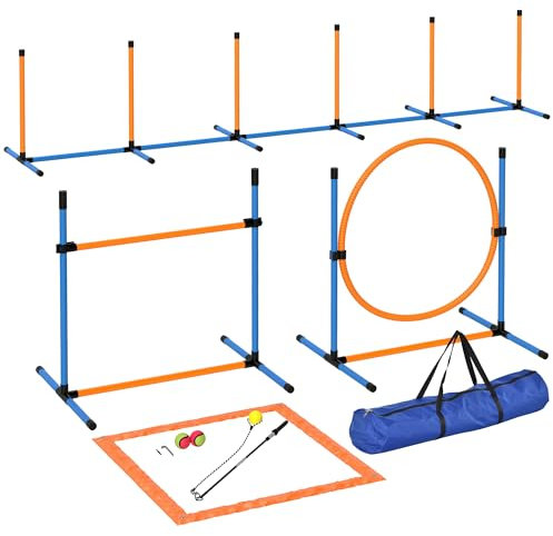 PawHut Agility Set Hunde 7-teilig Agility-Ausrüstung für Hundetraining Steckhürdenset mit Slalomstangen Sprunghoop 2 Bälle höhenverstellbar Hürden Koordinationstraining für Spiele Training