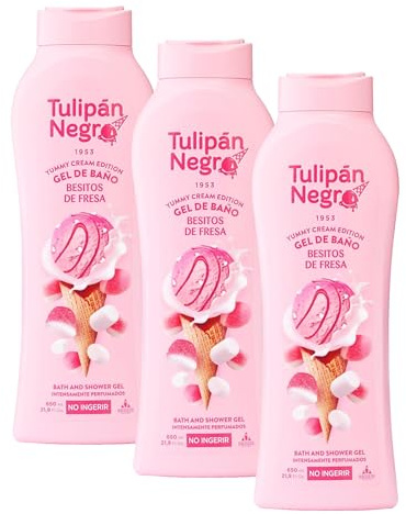 Tulipán Negro - Gel de Baño Hidratante Besitos de Fresa 650 ml, Intensamente Perfumado (Paquete de 3)