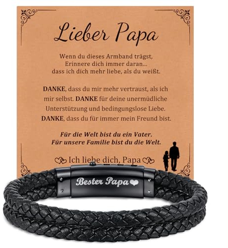 Vatertagsgeschenk für Papa Geschenk Vater - Schwarz Leder Armband Herren mit Gravur, Edelstahl Verschluss, Verstellbare Länge 19-21CM, Schmuck Herren Weihnachten Geburtstag Vatertag Geschenke für Papa