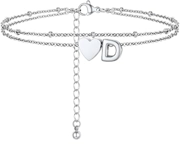 PROSTEEL Bracelet de Cheville pour Femme, Chaîne Double Couche en Acier Inoxydable avec des Charmes Cœur et Lettre, Chaîne de Cheville Ajustable de 22+5cm