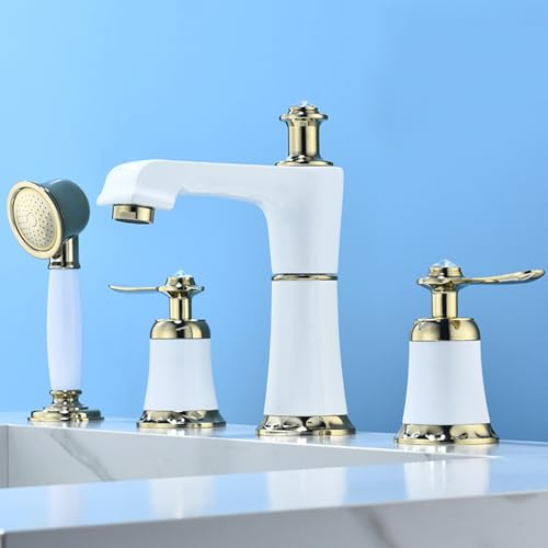 BiaoTeng 4-Loch Wannenrandarmatur Badewannenarmatur Warm und Kalt Messing Badarmatur Badewanne mit Brause Weiß