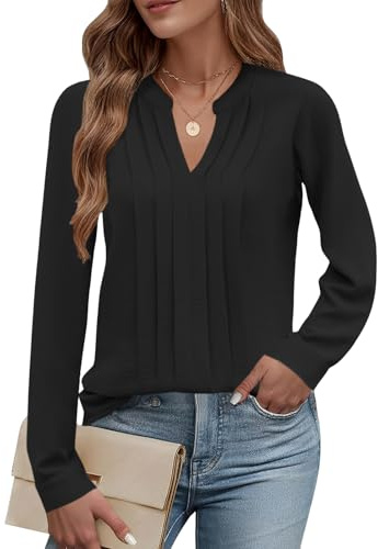 Cuptacc Camisas Mujer Manga Larga Elegante con Pliegues Y Flores Blusa Mujer Otoño Camisetas Túnica Negro, X-Large XL 46-48
