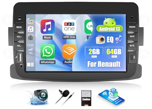 OiLiehu 2G+64G Android 13 Radio para Renault Dacia Duster Sandero Captur Lodgy Symbol Logan Dokker 7'' CarPlay Android Auto Autoradio con Bluetooth GPS FM RDS WiFi SWC EQ Cámara Trasera Coche