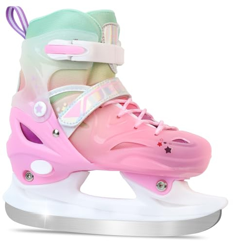 LEVYTEMP Adjustable Girls Ice Skates for Kids - Ice Skating Shoes - Hockey Lace-Up Skates for Youth Beginners,Pink Blue Green