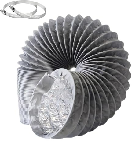 PVC Aluminium Foil Flexible Ventilation Ducting with 2 Clamps 150mm*5M | Air Ducting Tumble Dryer Vent Hose Black for Universal Tumble Drier, Cooker Hood, Extractor Fan（Grey）