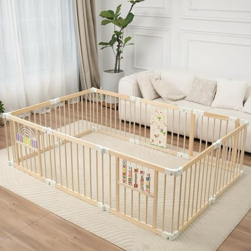 Baby Laufstall mit Spielzeug, Faltbares Holz Laufgitter 214×141×61cm