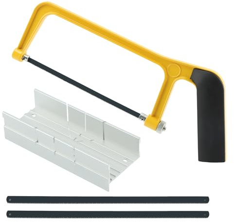 6 Inch Mini Hacksaw and Mitre Block Set, Adjustable Miter Box and Saw Set with 2 Spare Blades, Aluminum Cutting Saw Hack Saws for Woodworking, Hacksaw, Metal Cutting (Yellow)