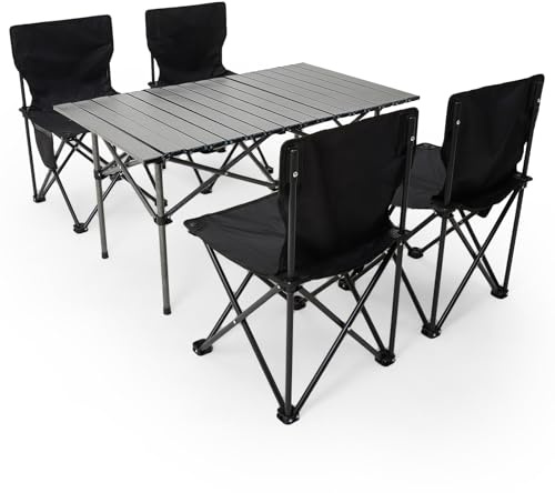 Warmiehomy Camping Table and Chairs Folding Picnic Table and Chair Set Aluminium Portable Rolling Tables 4 Chairs with Carry Bag for Picnic Camping BBQ,Black