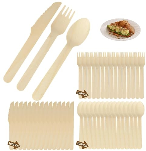 HASLED 300 Pièces Couverts Jetables en Bois - Couverts de Table Jetables - Couverts Jetables - Service de Couteaux, Fourchettes, Cuillères en Bouleau Résistant pour Fêtes et Pique-Niques