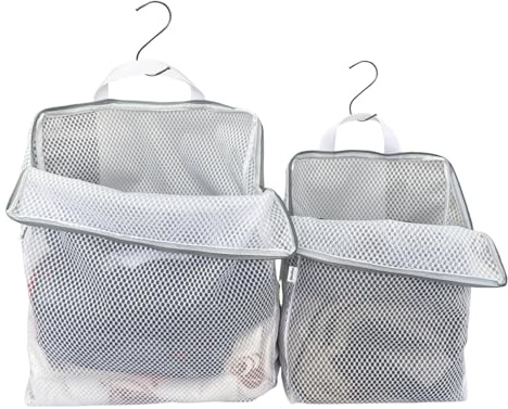 ShooBoo 2-Pack Hanging Laundry Bag for Washing Machine, Large & XL Mesh Laundry Bags for Delicates with S Hooks, Durable Zippered Wash Bags for Clothes, Socks, Lingerie