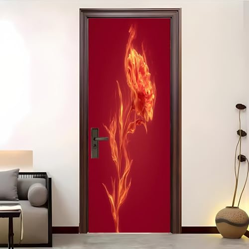 Självhäftande 3D-Dörrklistermärke 77x200cm Fantasy Flamblommor Självhäftande Dörr Pvc Vattentät Avtagbar Röd Dörraffisch Vardagsrum Kök Barnrum Konst Vägglampa