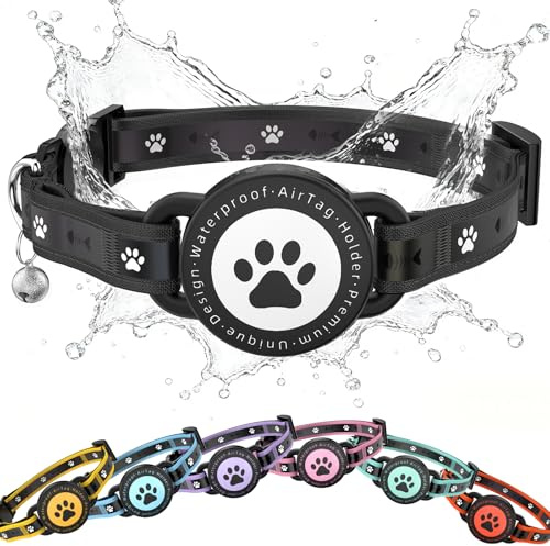 Airtag Cat Collar Breakaway, Reflective Cat Collar with AirTag Holder | Waterproof Air Tag Cat Collar, Comfortable Padding & Adjustable, Cat GPS Tracker Collar(Black, S(9.3-13))