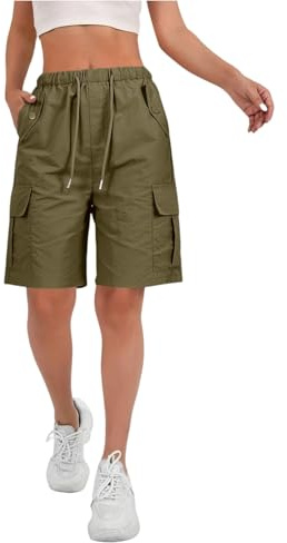 Pantaloncini cargo da donna a gamba larga pantaloni cargo corti vita elastica arrampicata estate combattimento mezzi pantaloni coulisse ampio escursionismo donna streetwear, Verde, XL