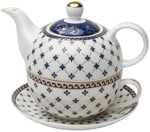 Grace Teaware Porcelain 4-Piece Tea For One (Trellis Blue Gold)
