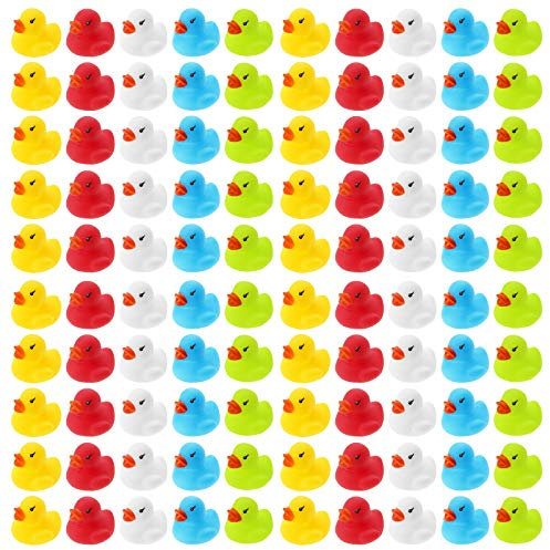 100 WELLGRO Badeenten - bunt (gelb, rot, weiß, blau, grün ), je Ente ca. 3,5 x 3 cm (ØxH), Gummiente, im Netz