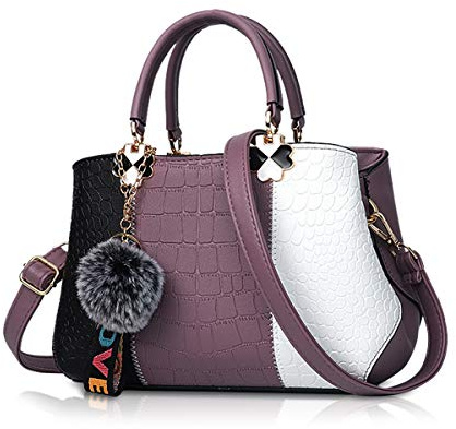 NICOLE & DORIS Damen Handtasche Umhängetasche Henkeltasche Kuriertasche Elegant Damen Handtaschen mit Kaninchen Pelz Kugel Plüsch Schlüsselring Lila 2