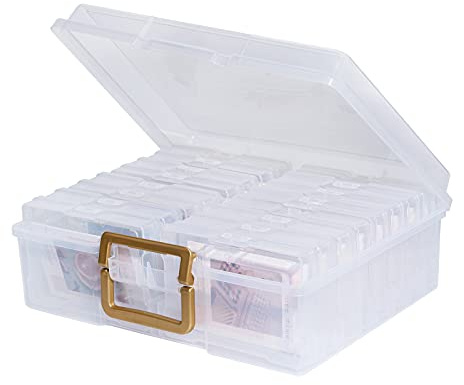 novelinks Caja de fotos de 10 x 15 cm, 16 cajas de almacenamiento interiores para fotos, organizador de fotos, caja de almacenamiento para fotos (mango dorado transparente)