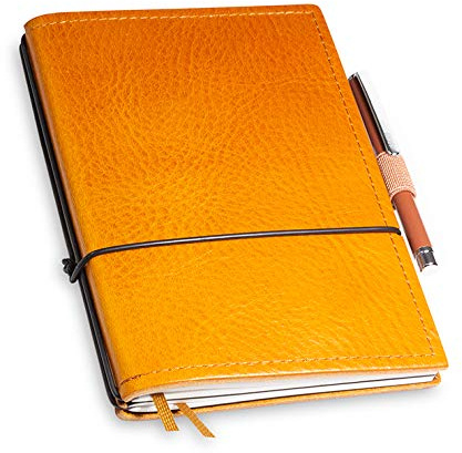 A6 revolutionäres X17-Notizbuch! Belgisches Leder braun cognac, mit Geschenkbox; Innen: 2x Notizen(blanko,kariert), Stifthalter, Doppeltasche, Mini Stift; austauschbar, Made in Germany